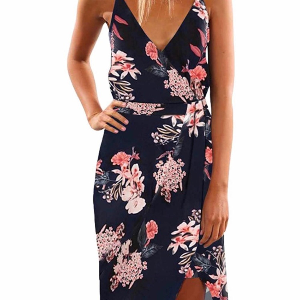 V neck, spaghetti strap, floral dress. Blue. Size L